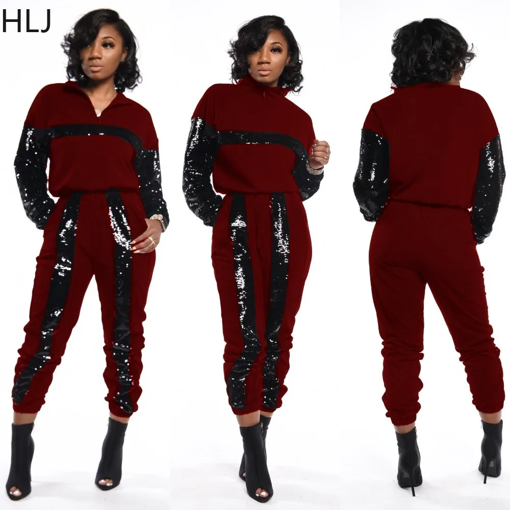

HLJ Fashion Sequin Patchwork 2 Pieces Set for Woman Outfits Color Block Long Sleeve Zip Crop Top + Pants Female Streetwear New