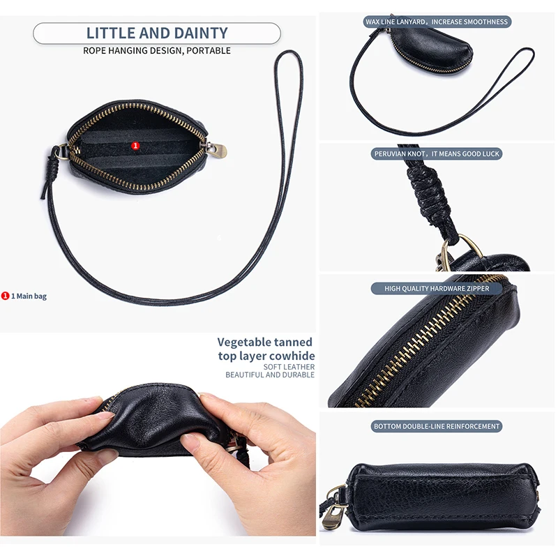 แบบพกพา Mini Key ของแท้หนัง Mini Zipper Key Organizer อเนกประสงค์กระเป๋าเหรียญผู้ชายผู้หญิง Halter ลิปสติกกระเป๋า