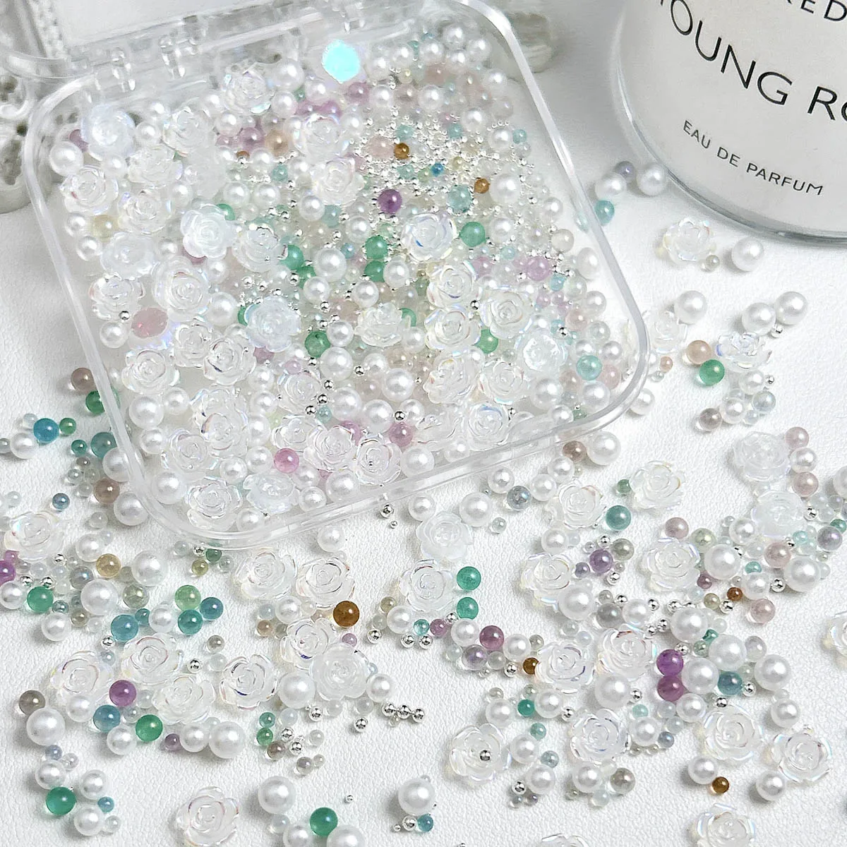 

1Box Transparent Creative Camellia Resin Nail Art Decorations Minimalist Simulated Pearl Mini Colored Bead Mixed Nail Charms DIY