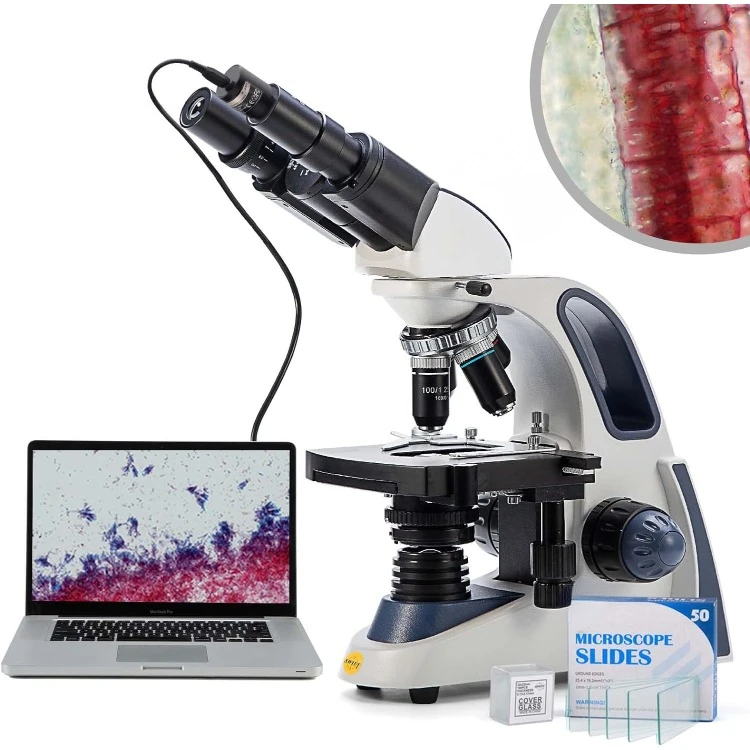 SW380B 40X-2500X Magnification, Research-Grade Binocular Compound Lab Microscope, Mechanical Stage, with 5.0 mp Camera