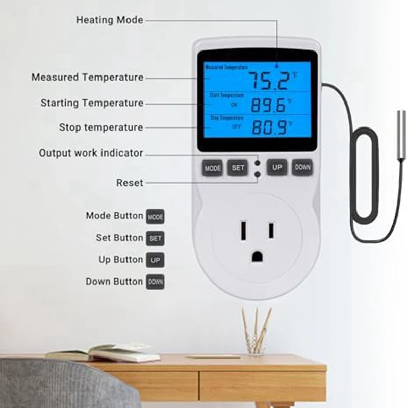 1 PCS Plug-In Thermostat Temperature Controller Socket Heating Cooling Control Timer 1800W 110V 15A Backlit Display ABS US Plug