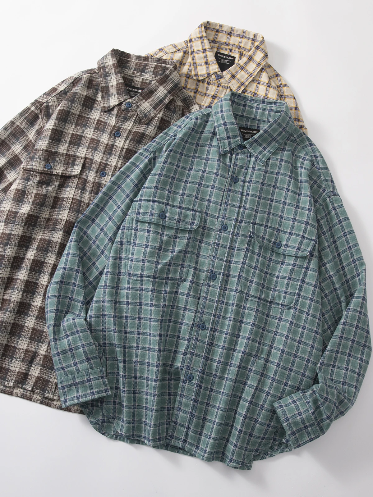 

Осень-зима 2024, новая японская ретро-рубашка-карго в клетку с длинными рукавами и лацканами, мужская простая повседневная свободная толстая куртка