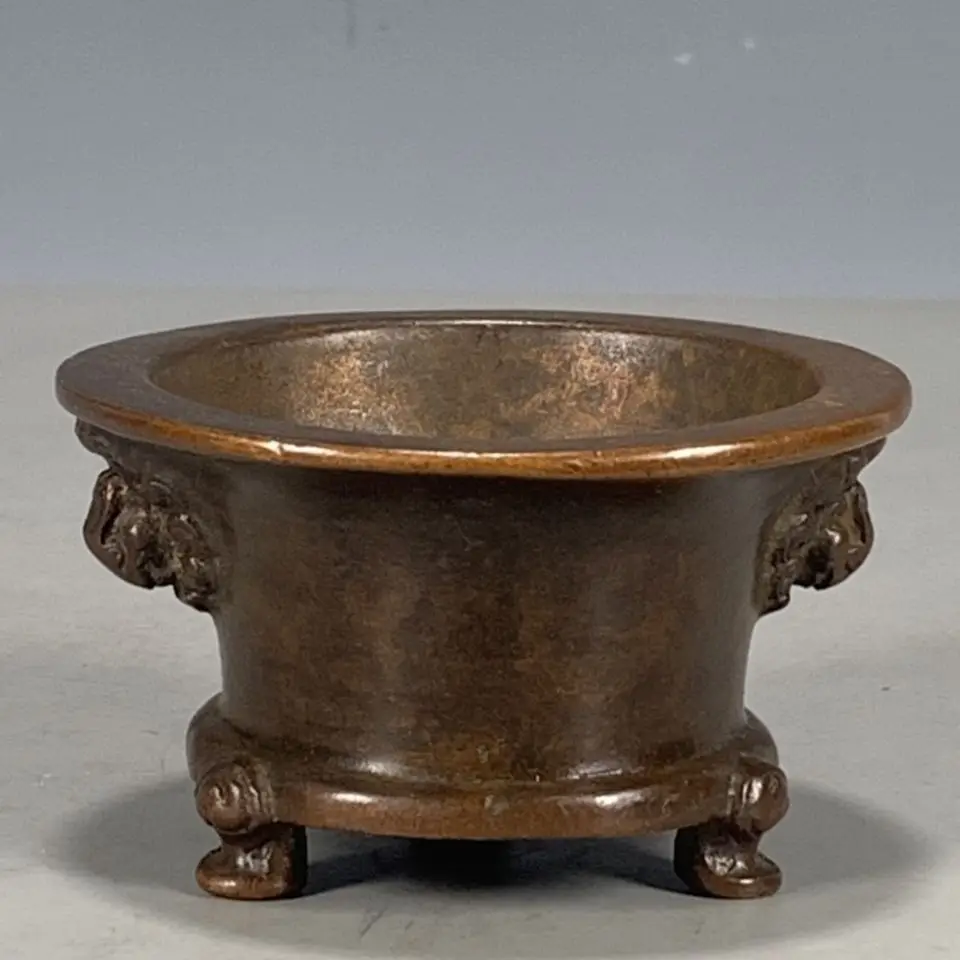 Vintage Old Copper Double Lion Ear Censer Tripod Incense Burner Collectible
