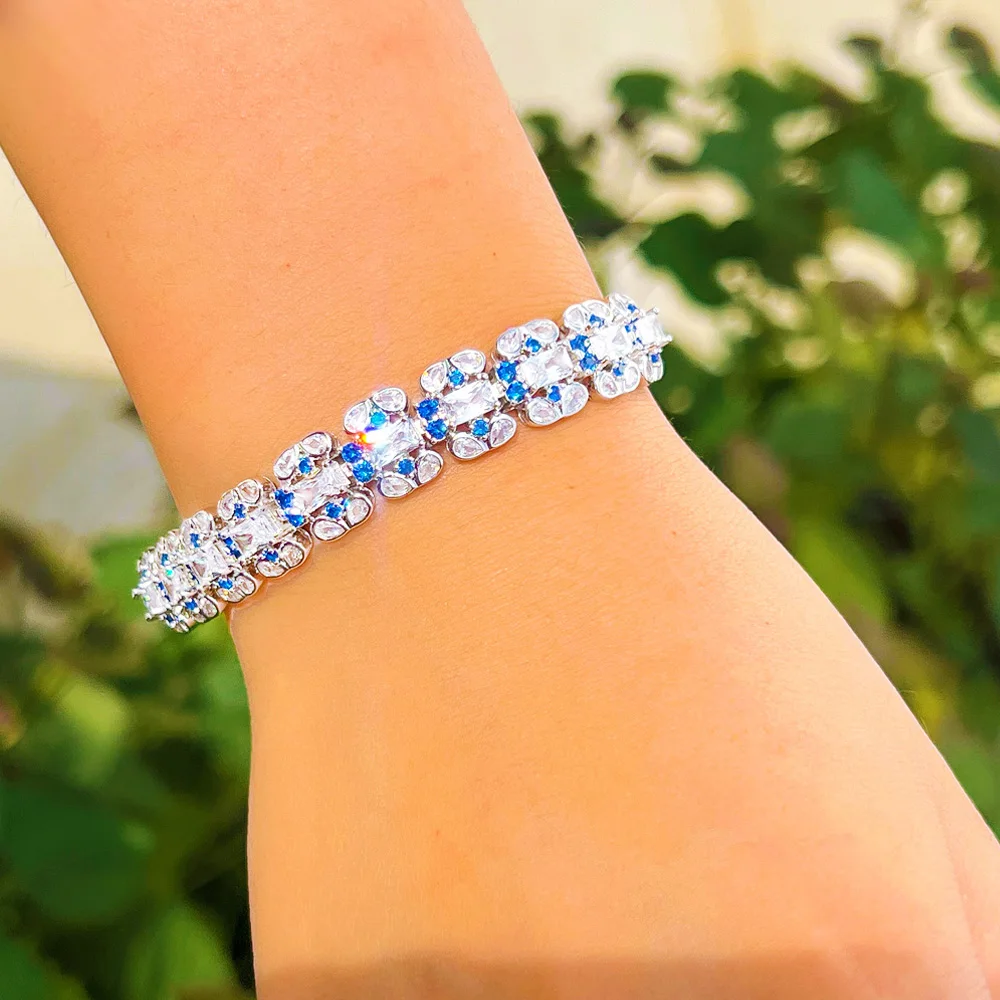 Pera Trendy Blue and White Cubic Zirconia Silver Color Tennis Chain Bracelets Dress Jewelry Accessories Gift for Women B263