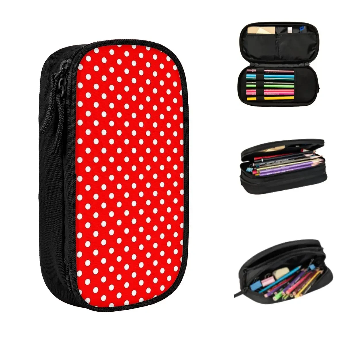 POLKA DOTS RED Pencil Cases Large Storage Pen Bags Pen Box Pencil Pouch For Boys Girls Students Stationery School Office