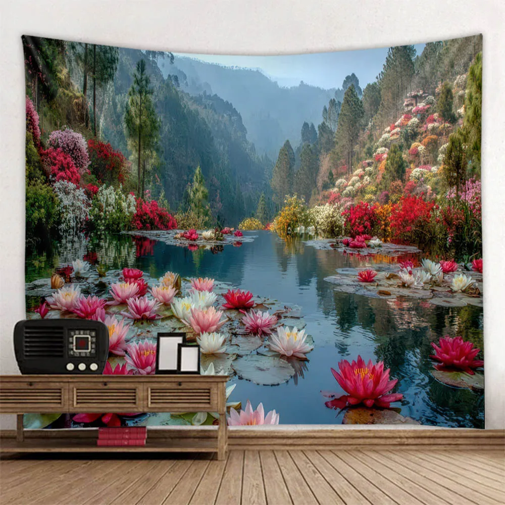 Lotus Lake View Mural Cloth Waterfall Forest Flowers Hanging Wall Decoration Multi-Size for Living Room Bedroom Dormitory Home D