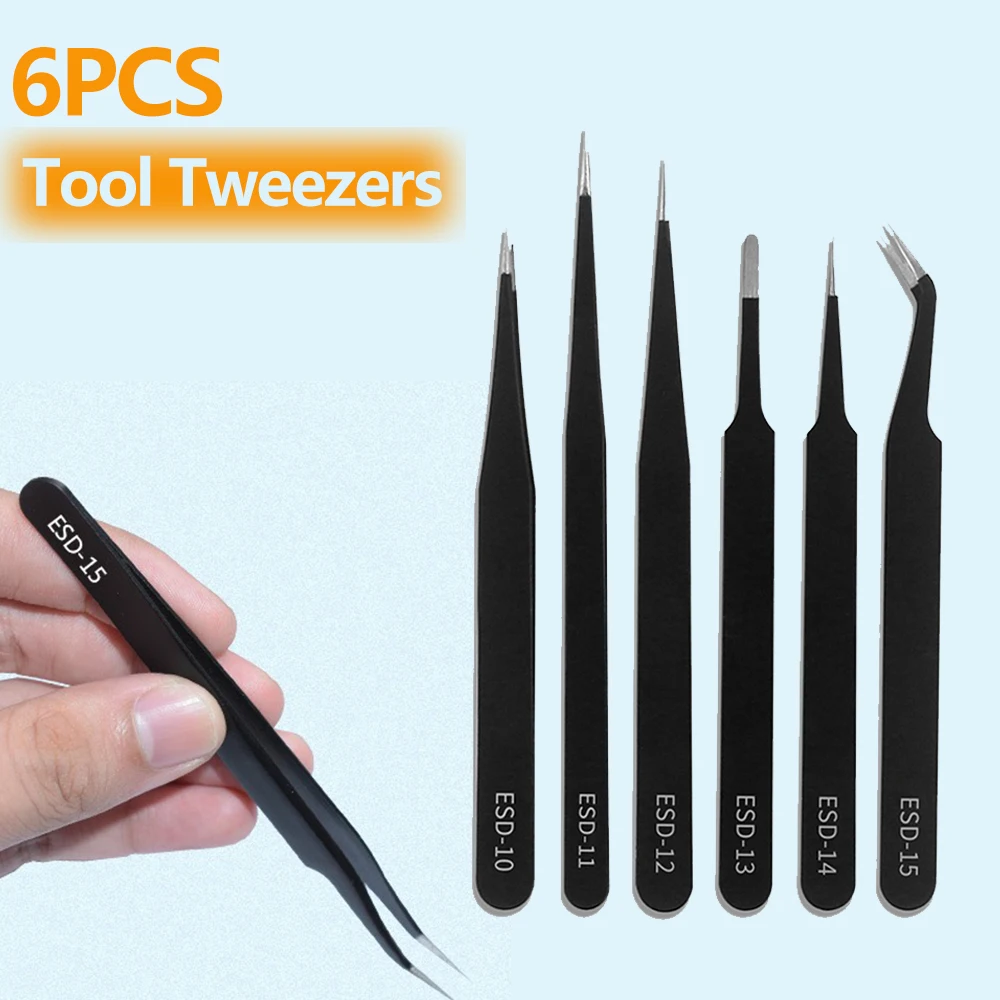 6pcs Precision Tweezers Set ESD Anti-Static Stainless Steel Tweezers Repair Tools for Electronics Repair Soldering Craft Tools