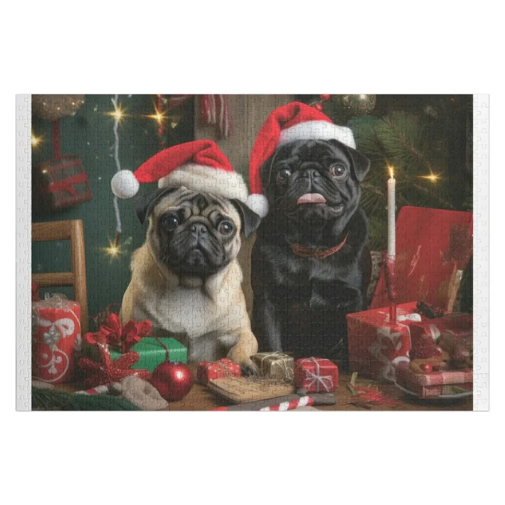 Pugs de Navidad divertidos para niños, rompecabezas personalizado, cajas de madera