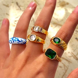 18K Gold Plated Waterproof Multi-color Crystal CZ Stainless Steel Twist Chunky Rings Wedding Statement Ring Retro Zircon Jewelry