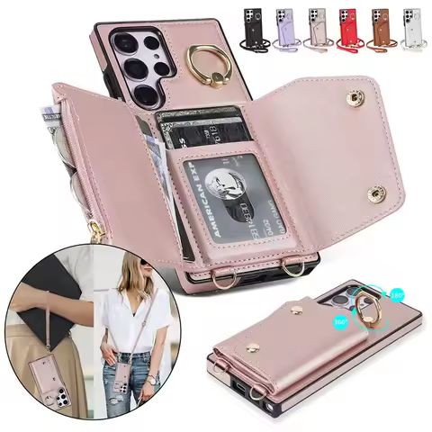 Crossbody Lanyard Leather Wallet Card Phone Case for Samsung Galaxy S24 S23 Ultra S22 Plus S21 FE A54 A14 A53 Note 20 Flip Cover
