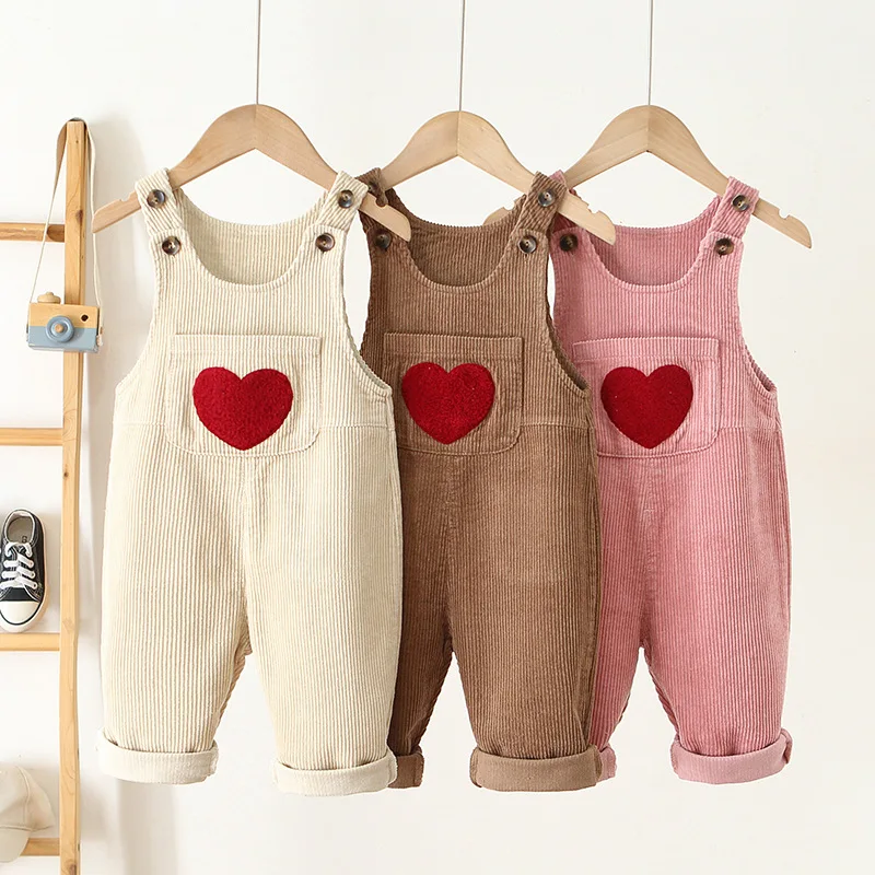 

1-4Y Spring Kids Clothes Heart Embroidery Baby Boys Girls Bib Pants Solid Overalls Corduroy Casual Suspender Outwear