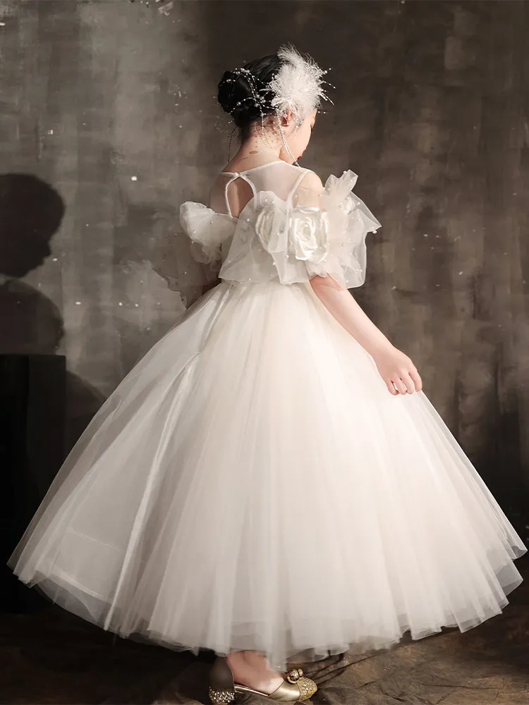 

Праздничное платье для девочек на свадьбу, выпускной или день рождения: нарядное платье принцессы с 3D цветами, пышными рукавами и тюлем