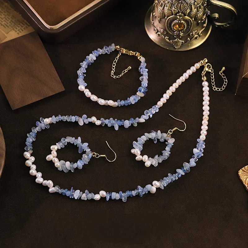 

Women Luxury Aquamarine Freshwater Pearl Necklace Bracelet Earrings Exquisite Chain Collar Charm Choker Jewelry Set Accessories