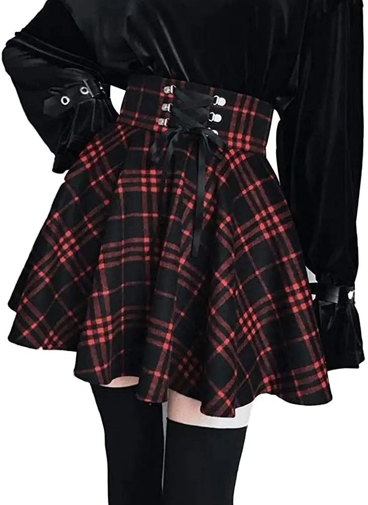 

Women's High Waisted Short A-line Flare Gothic Mini Black Red Plaid Pleated Skirt Dress