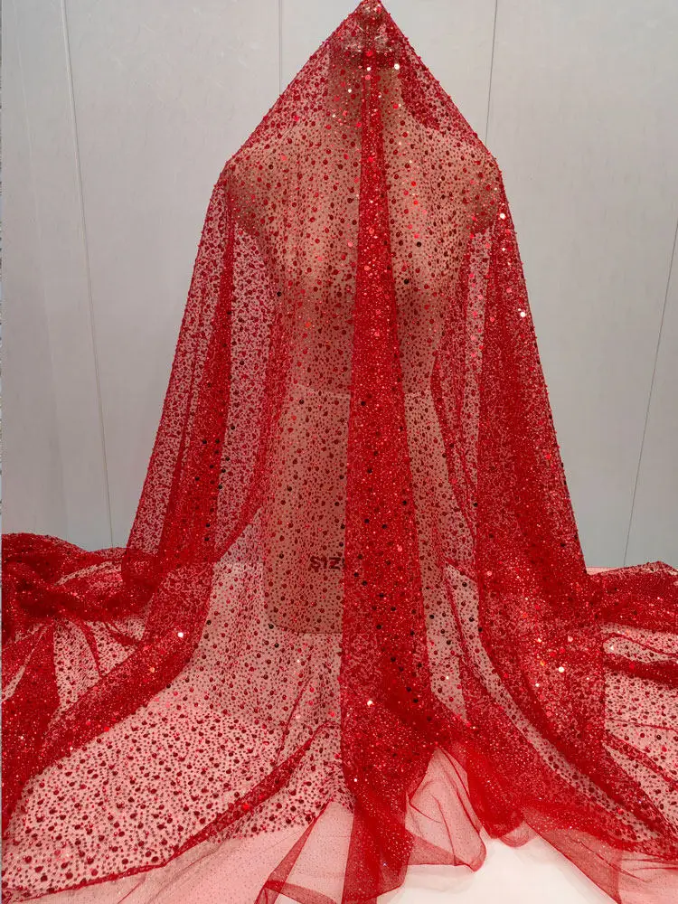 

9 Colors Sheer Illusion Mesh Bridal Evening Dress Performance Costume Sparkly Tulle Material Full Beaded 3mm 7mm Sequins Fabric
