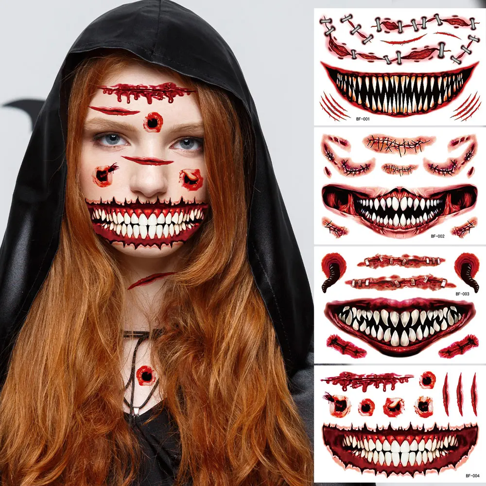 Lustige große Mund temporäre Tattoos für Frauen Männer Halloween Tattoo Aufkleber für Gesicht Make-up beängstigend gefälschte Tätowierung wasserdicht