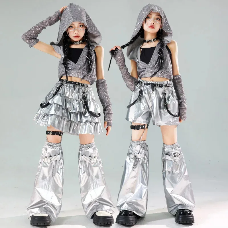 

25COSДетский костюм для джазовых танцев с блестками, костюм для джазовых уличных танцев для девочек, детский модный костюм в стиле хип-хоп для девочек