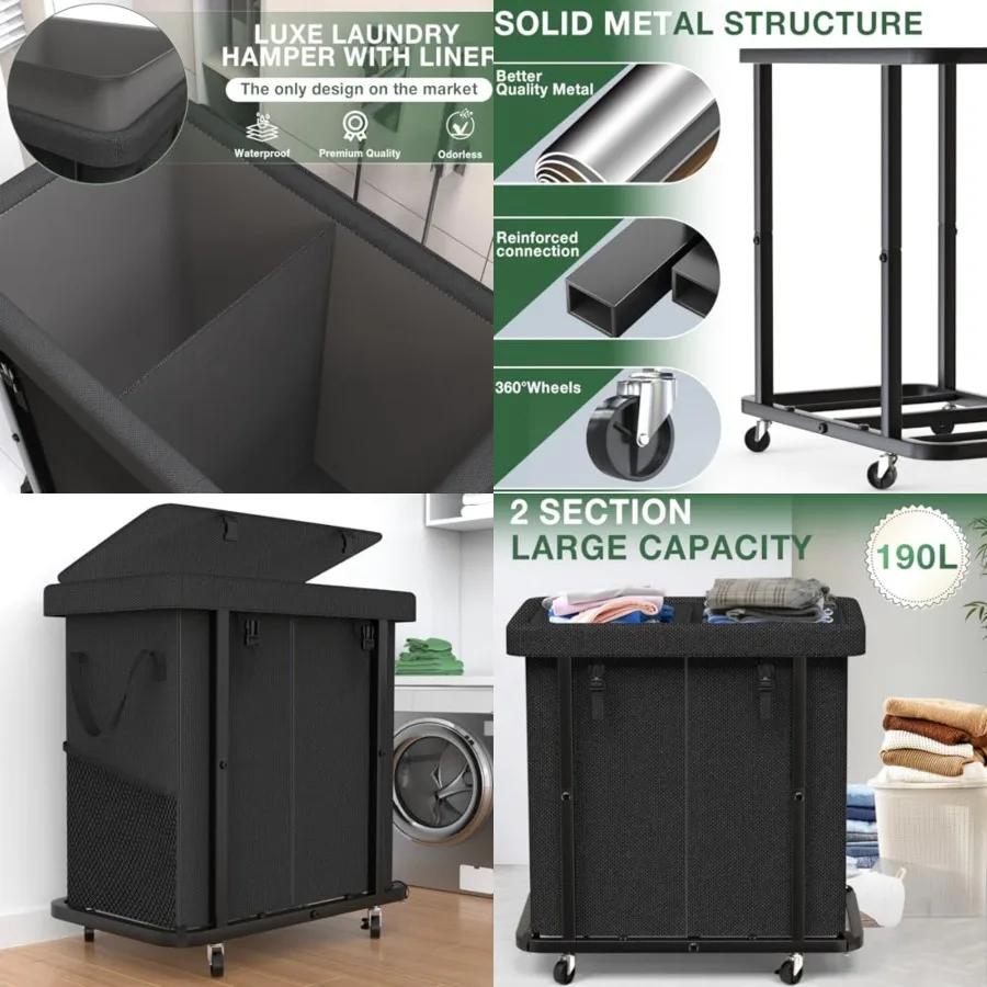 

50 Gal 190L High Grade Large Laundry Basket with Wheels, Rolling Laundry Hamper, Laundry Cart with Metal Frame and Removable Ba