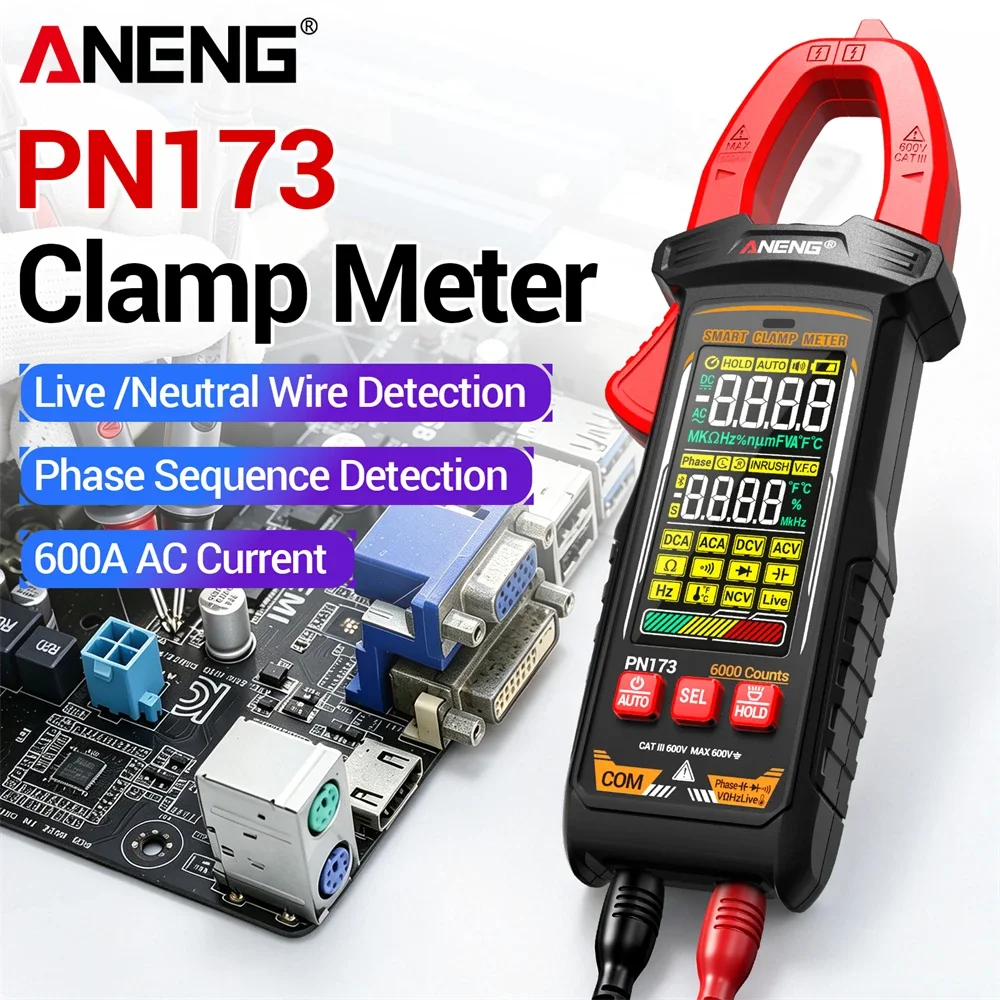 Multimeter 600A High Current Clamp Meter Non-Contact Voltage 6000 Counts Phase Sequence Voltmeter Ammeter Detection ANENG PN173