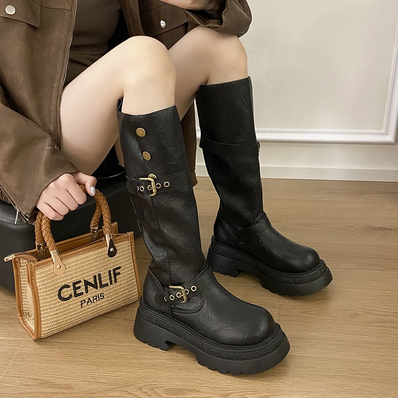 Women's Knee-high Boots Autumn Fashion Thick-soled Belt Buckle Decoration Female Knight High Boots Comfortable Warm Women's Shoe