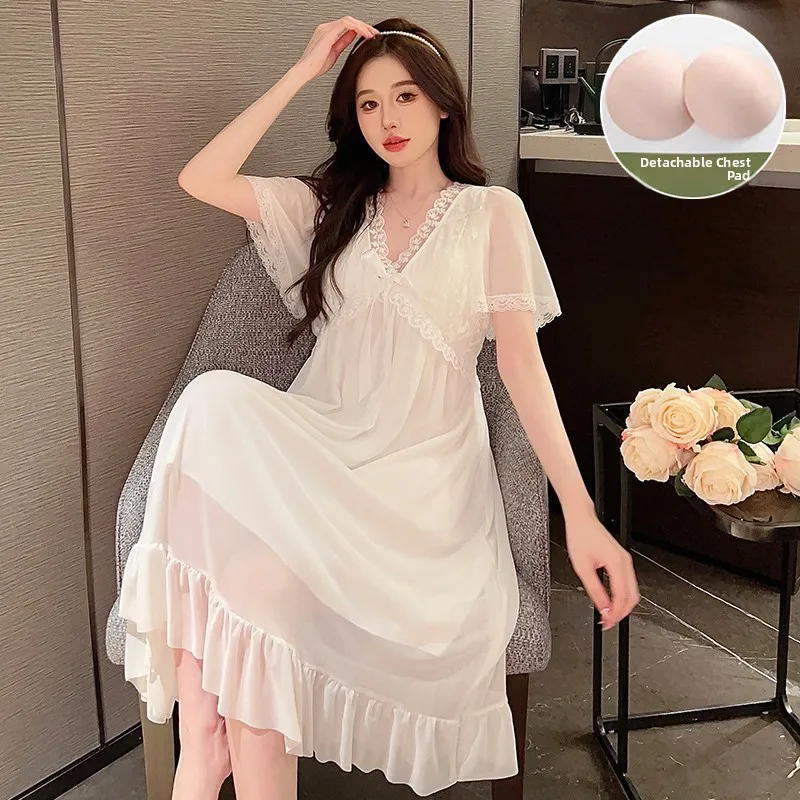 

Sexy Fairy Princess Style Long Modal Mesh Sleepwear Women's Summer New Arrival Home Clothes Short Sleeve V-Neck Color