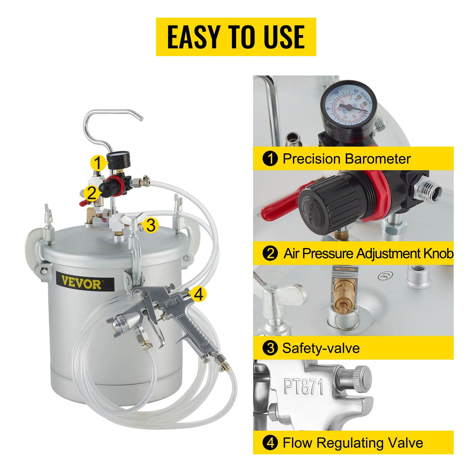 10L Silver Pressure Paint Pot Tank Spray Gun 3mm W/ Air Regulator 2PCs 10ft Hoses