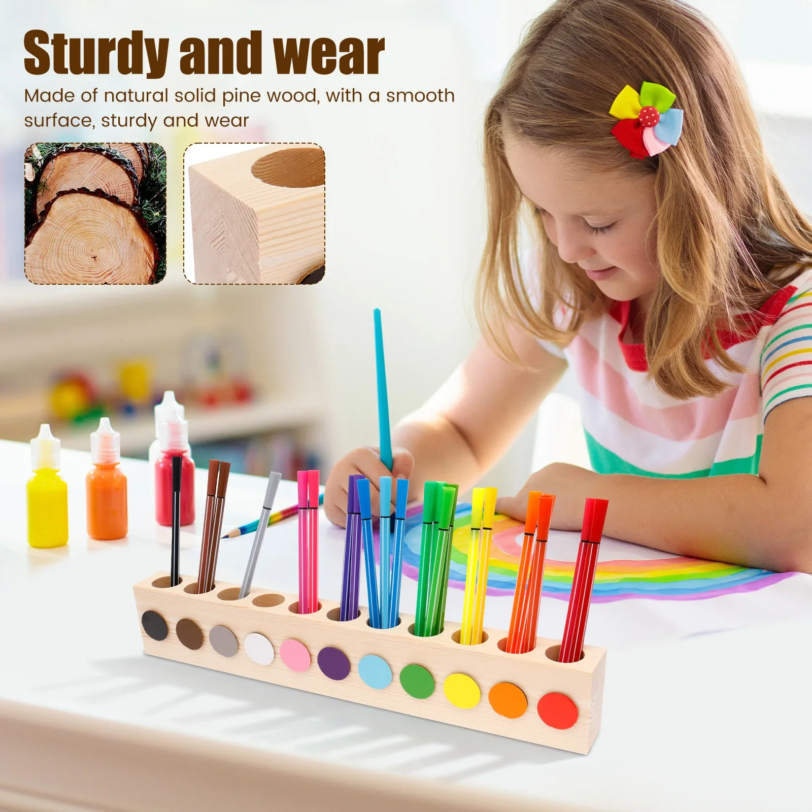 Wood Pencil Holder with 11 Holes Rounded Corner Design Pen Holder Creative Desktop Stationery Organizer Decorative School Office