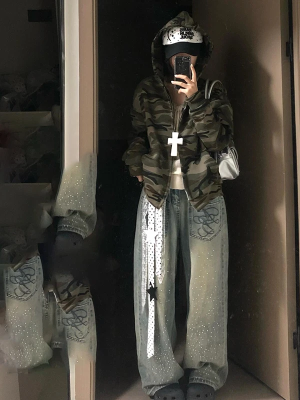 กางเกงยีนส์ทรงตรงขากว้างเอวสูงปักลายสไตล์อเมริกันย้อนยุคสำหรับผู้หญิง  คอลเลคชั่นฤดูใบไม้ร่วงและฤดูหนาว รุ่นใหม่ Sle PmORh Denim