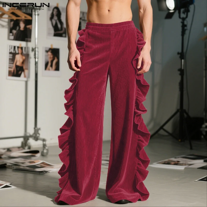 

INCERUN Men Pants Solid Color Ruffle Elastic Waist Male Corduroy Pants Streetwear Loose Personality Fashion Casual Trousers Men