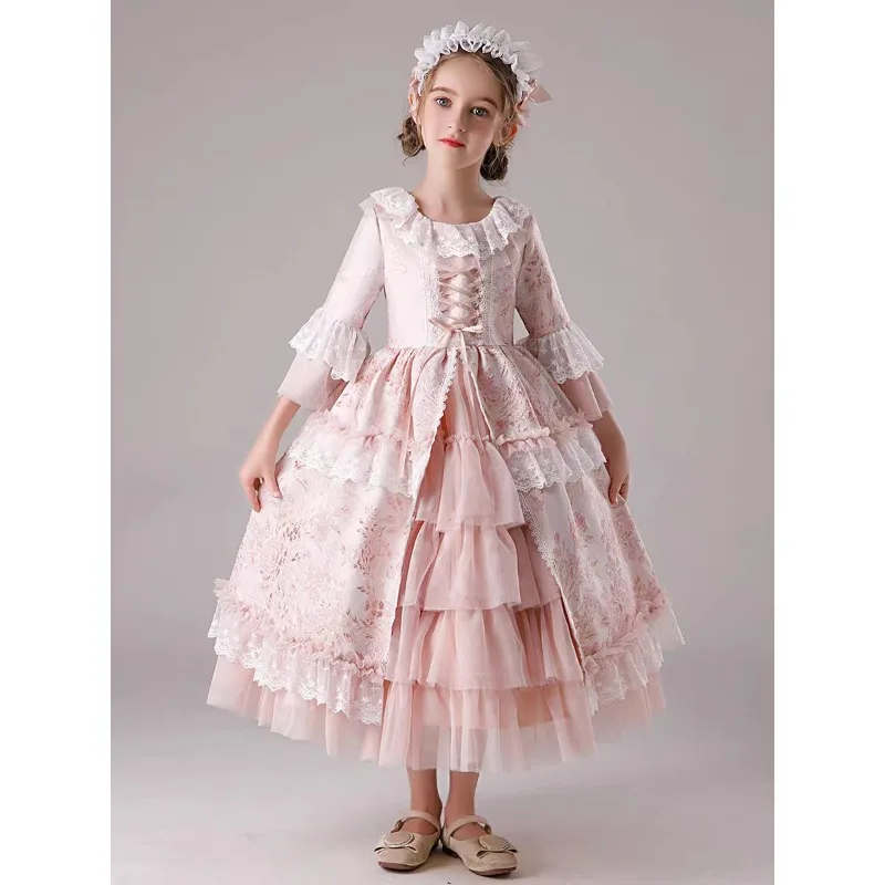 2pcs Girls Pink Rococo Style Victorian Dress Vintage Floral Print Long Sleeve Lace Ruffle Ball Gown Kids Princess Costume