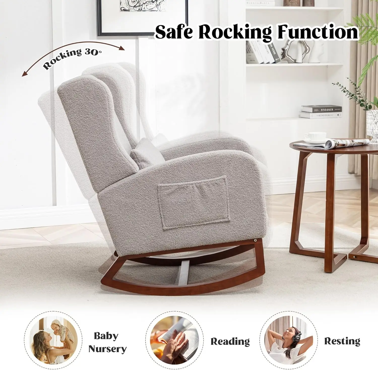 Rocking Chair Nursery with Foot Rest, Wingback Nursery Rocking Chairs, Teddy Nursing Glider Rocker Chair with Pillow and High image 4