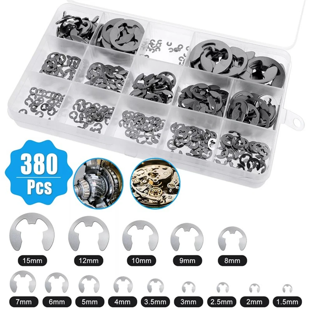 

E-type Open Circlip External Retaining Rings Stainless Steel Assortment Kit External Circlip Snap Rings Retaining Clips Set