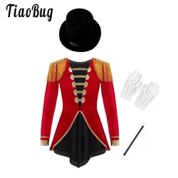 Kids Girls Circus Ringmaster Lion Tamer Costume Halloween Carnival Party Cosplay Fancy Dress body Dancewear con guanti cappello