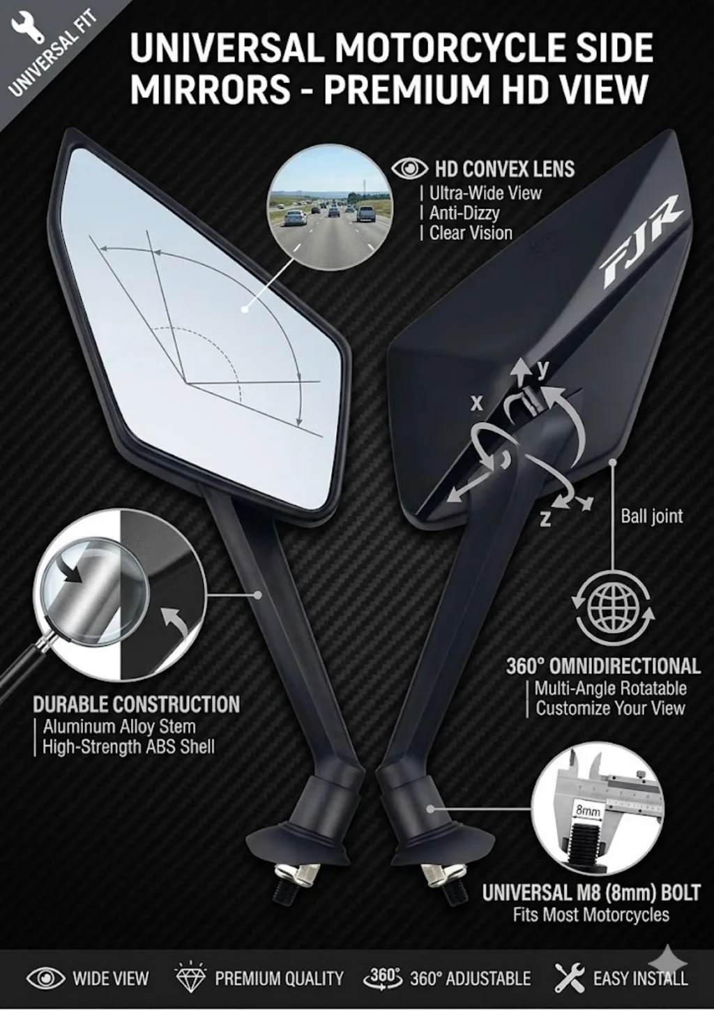 

Новое простое в установке и стильное зеркало заднего вида для мотоциклов YAMAHA FJR 1300 FJR1300 FJR1200 2022 2023 2024 2025