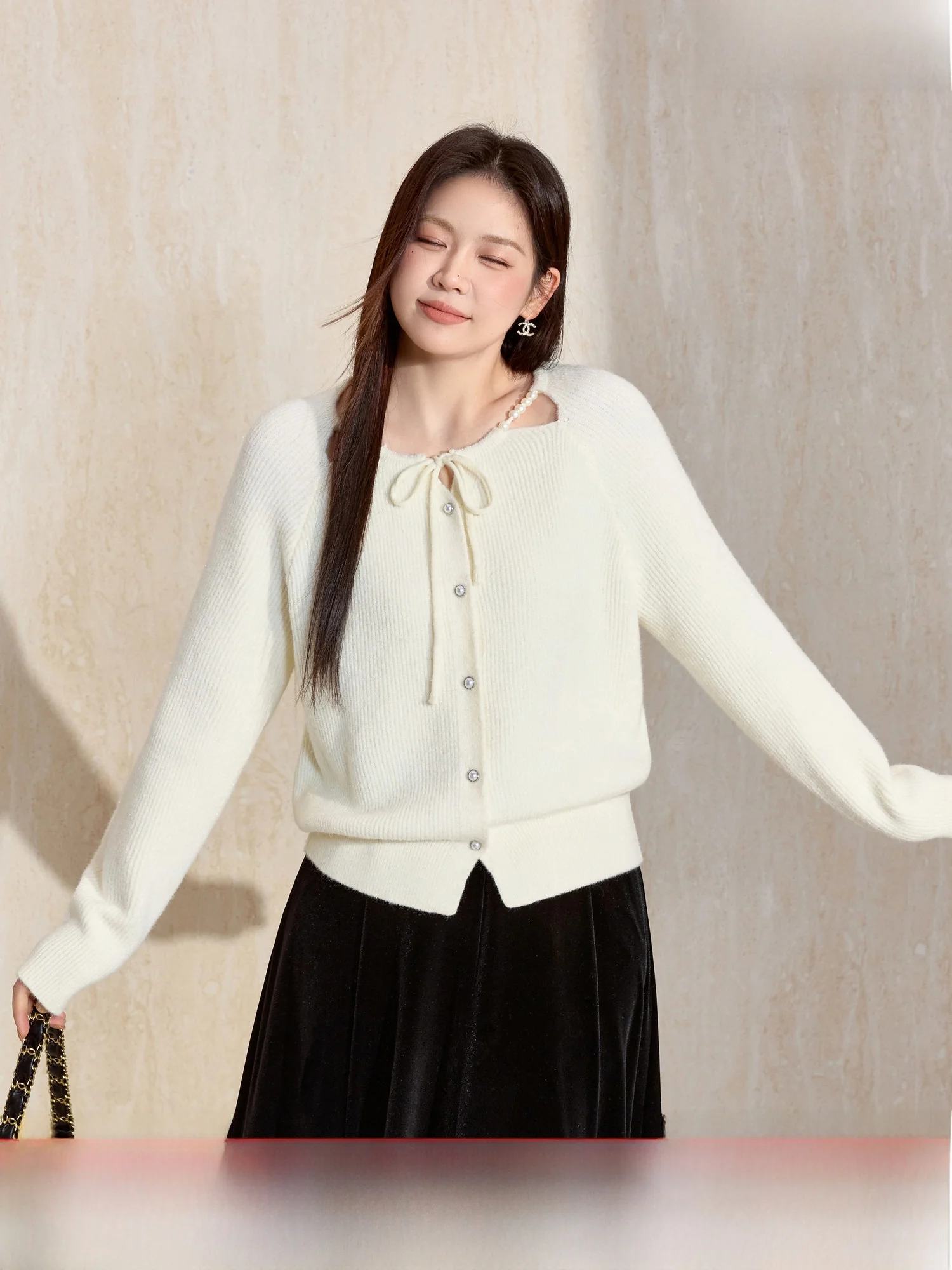 

Ele Large Size Beaded Warm Knitted Sweater Coat for Women Winter New Design Sense Commute Sle Straight Cut Knot