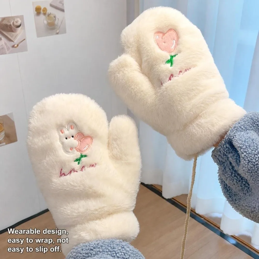 Cute Cold-Proof Tulip Embroidery Gloves Warm Windproof Winter Cycling Gloves Fluffy Soft Thickened Gloves Outdoor