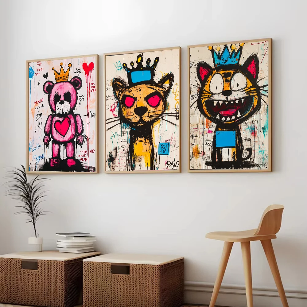 Street Graffiti Bear Cat Tiger Bull Crown Artwork Poster Modern Abstract Canvas Painting  Aesthetic Wall Art Room Home Decor