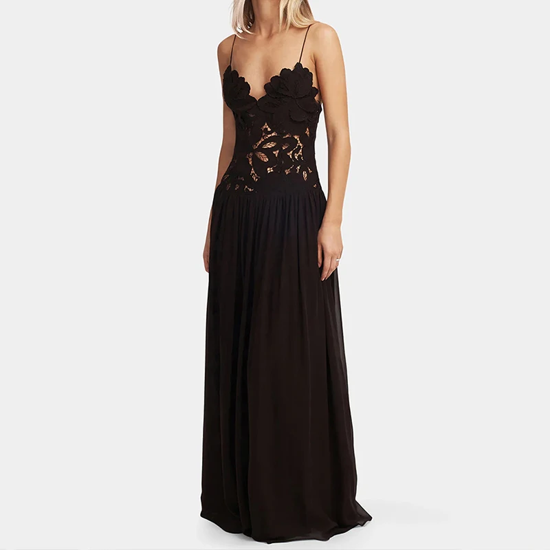 Senhora elegante retalhos drapeado sólido vestido de festa moda fora do ombro sem mangas vestido sexy renda bordado estilingue vestido longo