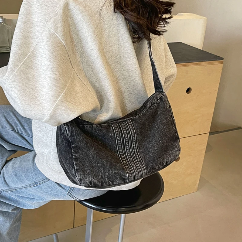 Women Fashion Denim Satchel Bags Casual Handbags Adjustable Strap Vintage Shoulder Bag Solid Color Large Capacity Shopping Bag