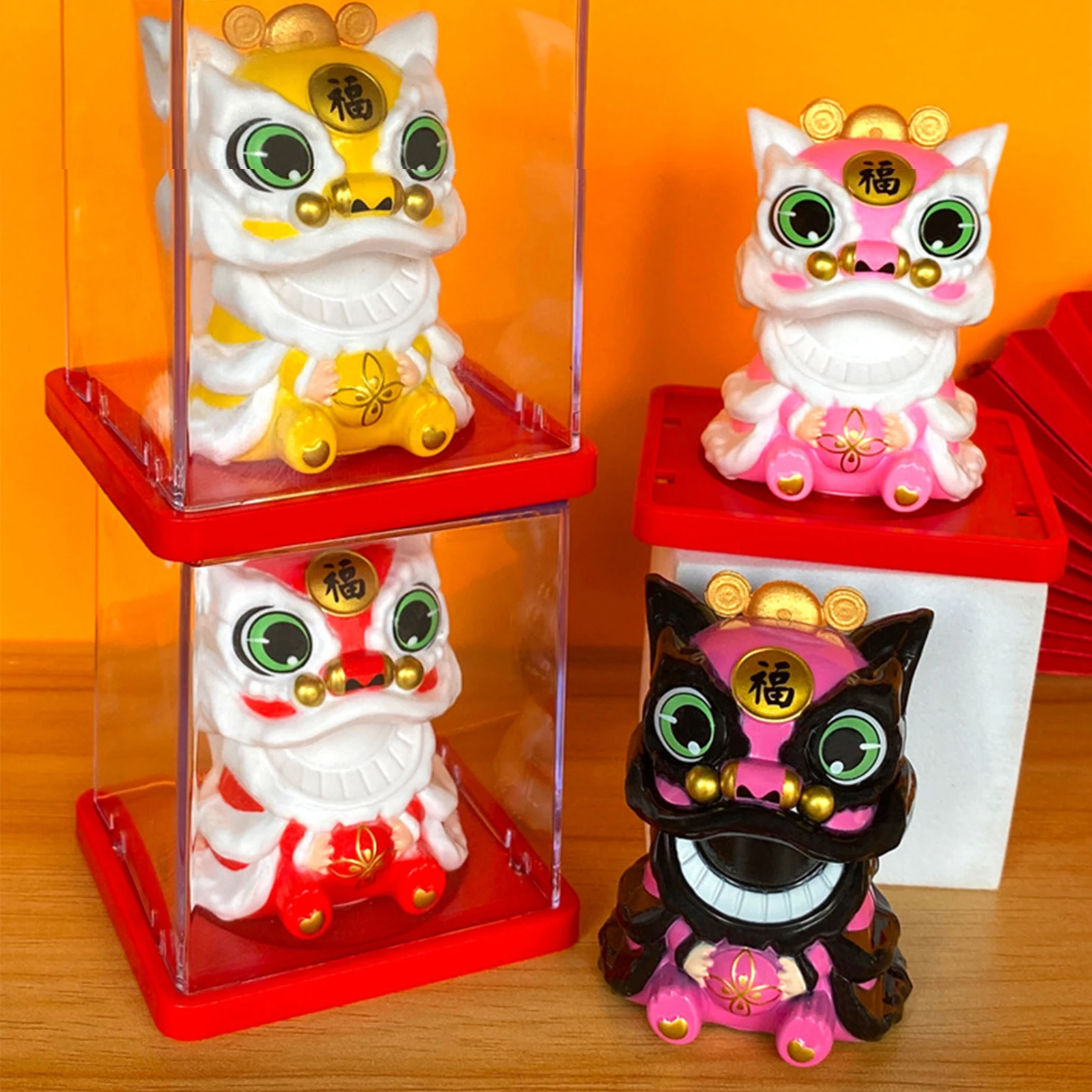 Solar Powered Mini LionDance Bobblehead Lucky Charm Decor For Car Home Desktop Chinese New Year Festival Gift With Acrylic Case