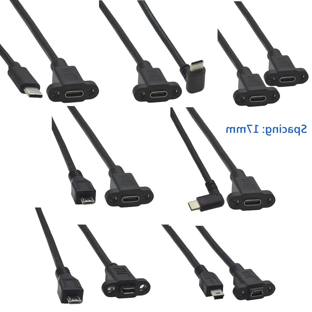 Kabel przedłużający Micro USB Type-C USB 2.0 męski na Mini USB Type-C żeński 5-pinowy, raster 17 mm, z otworami do montażu panelowego na śruby. — zdjęcie produktu 6