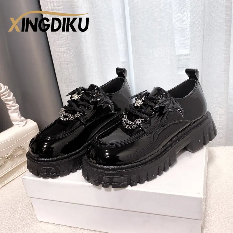 Punk Wind Fashion Single Shoes Autumn New Devil Bat Wings Gothic Women\'s Shoes Thick Bottom Waterproof Platform Metal Chain