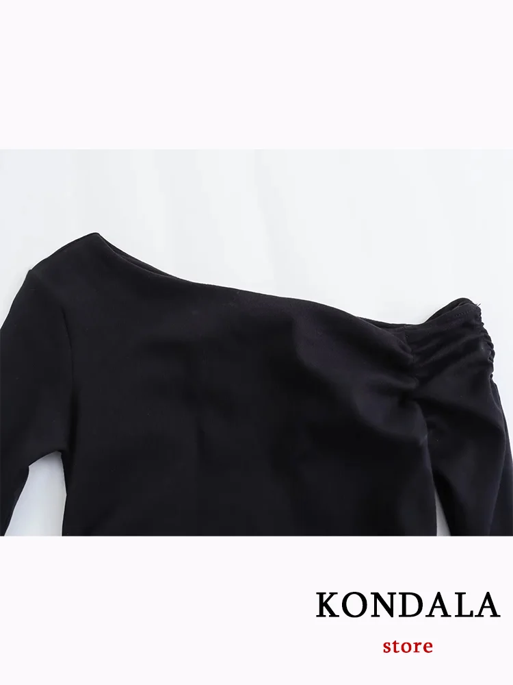 KONDALA Vintage Casual Chic Women Dress Solid Black Asymmetrical Long Sleeve Straight Vestidos Fashion 2024 Party Evening Dress