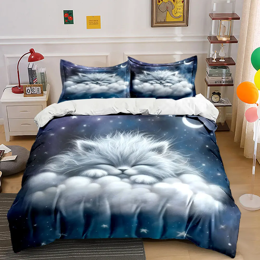 Dreamy Cat on Cloudy Night Sky Print Bedding Set 1 Duvet Cover 2 Pillowcases for Adult and Children Luxury Gift Full Size