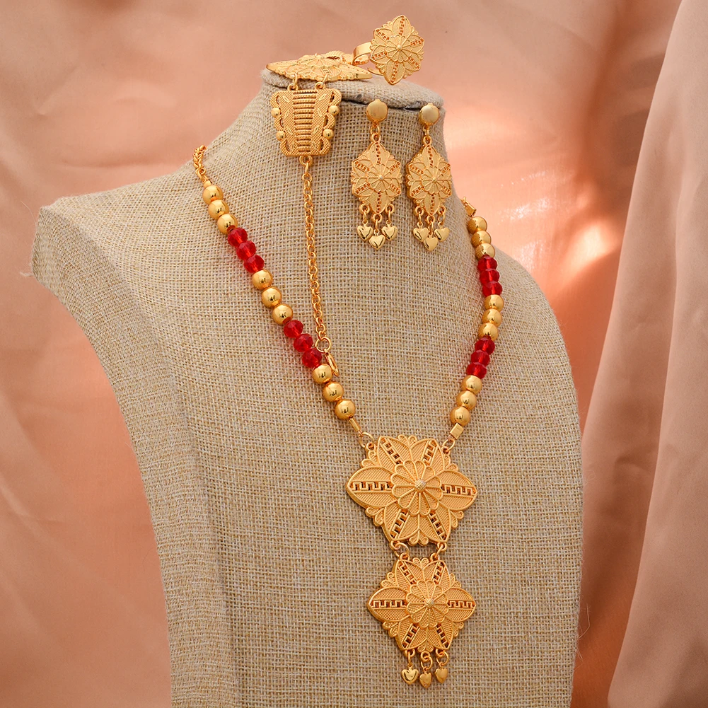 Luxury Women Dubai 24k Gold Color Jewelry Sets India Ethiopia African Bride Wedding Gifts Necklace Earrings Bride Jewelry Sets