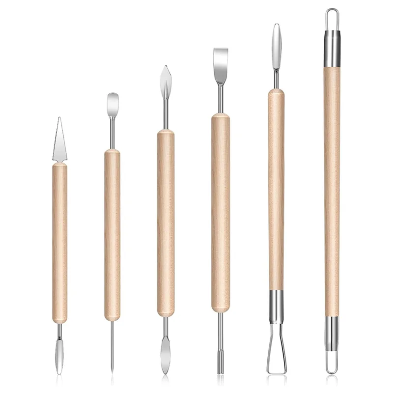 A88E-트리밍, 쉐이핑, 몰딩 도구용- 전문가용 폴리머 클레이 키트(6개), 나무 손잡이 포함