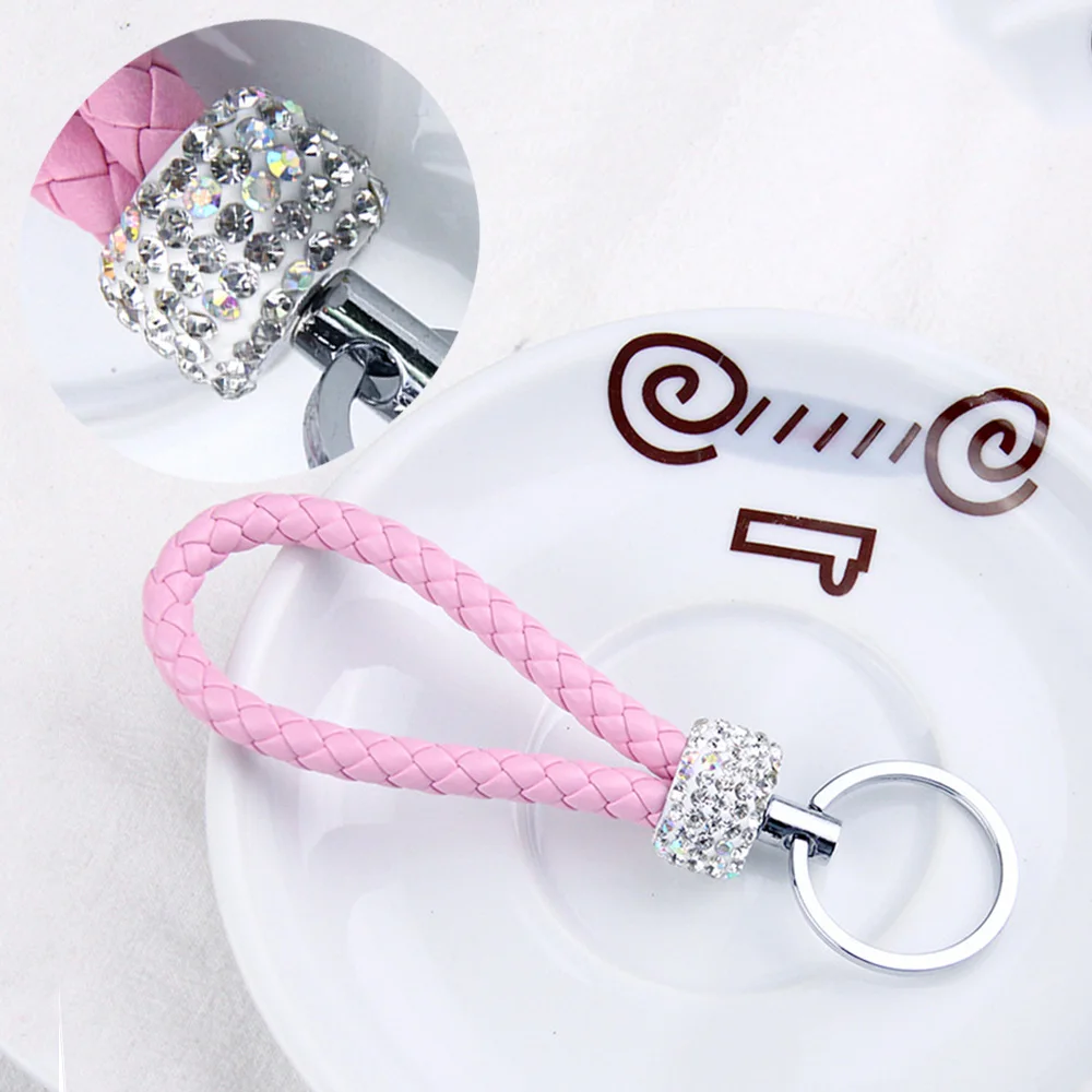 Fashion PU Leather Woven Keychain Glitter Rhinestones Braided Rope Keyring For Men Women Car Key Holder Charms Accessories Gifts