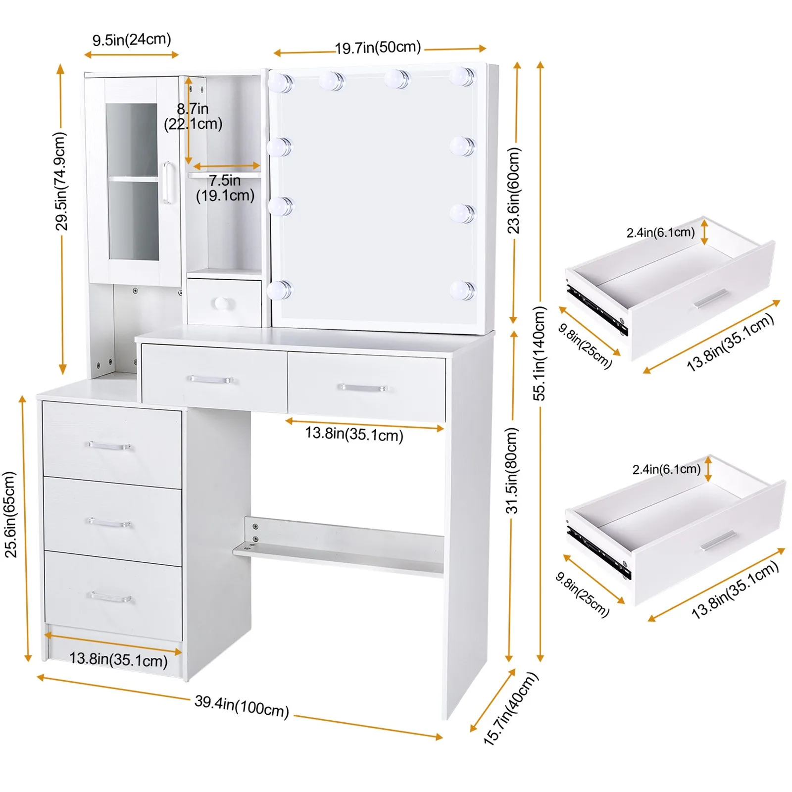 Tocador de maquillaje Escritorio de tocador moderno con 5 cajones y luces LED para maquillaje y tocador