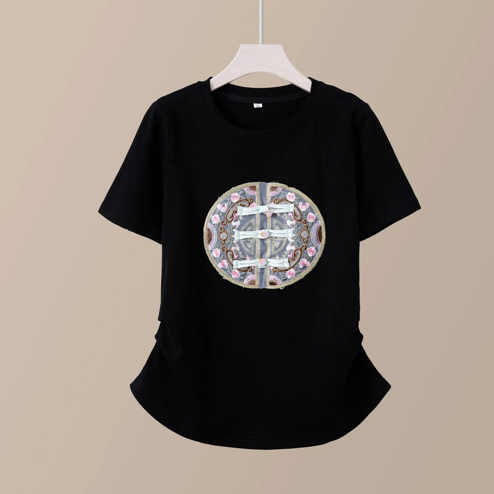 

Short Sleeved T-shirt for Women's Summer New Embroidered Button Up Retro Black Oversized Top Chinese Style