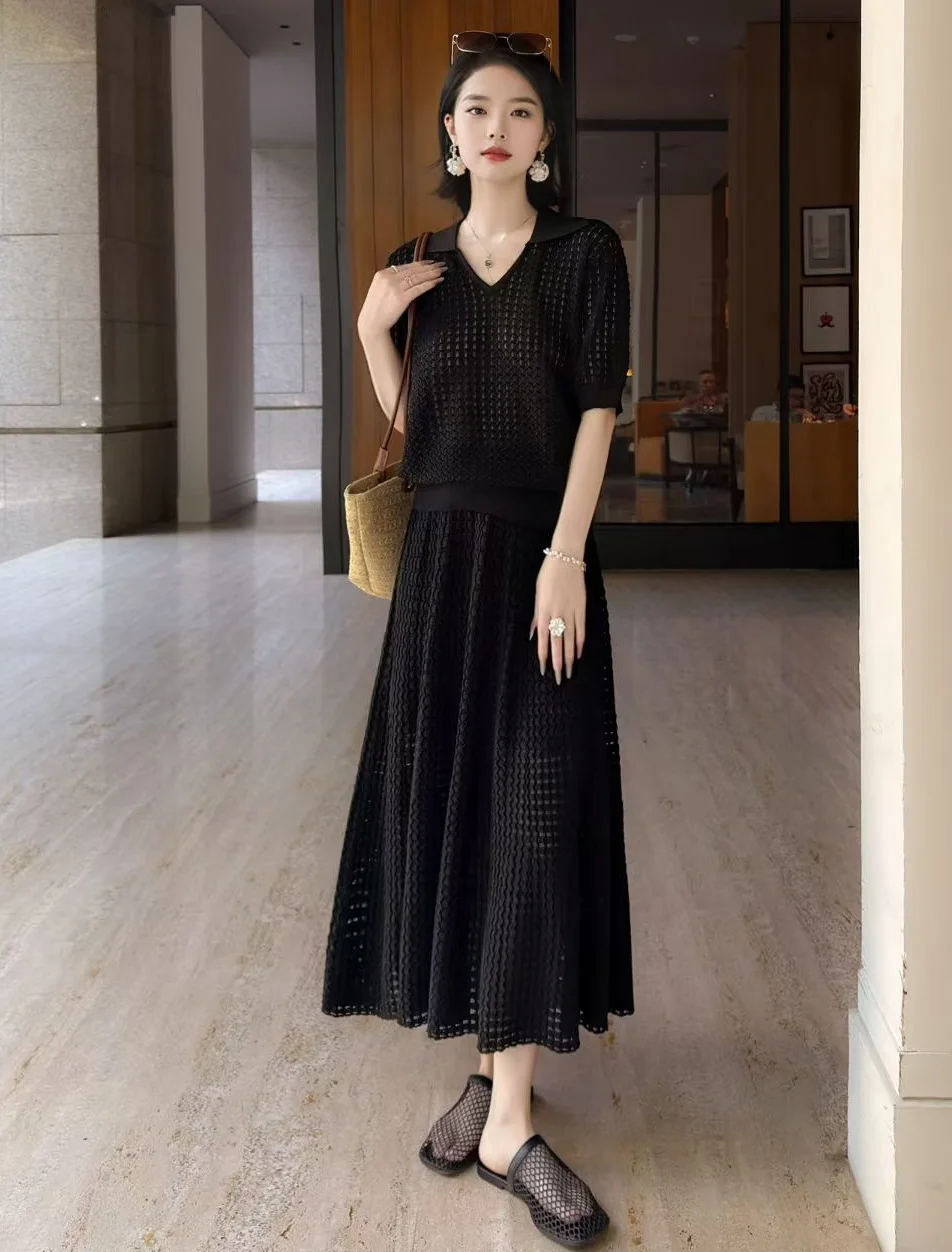 Top Quality New Sweater Set 2025 Autumn Winter Skirt Suit Lady Turn-down Collar Knitted Pullovers+High Waist Long Maxi Skirt Set
